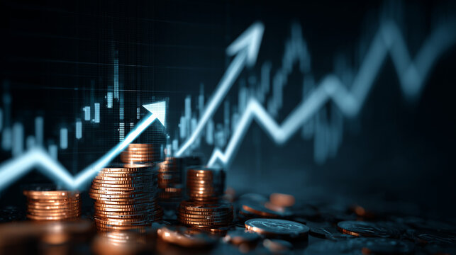 Moedas empilhadas diante de gr&aacute;fico azul indicando crescimento financeiro, lucros, investimentos seguros e evolu&ccedil;&atilde;o econ&ocirc;mica consistente