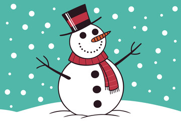 happy snowman wearing black hat and red scarf standing in snow perfect for christmas greeting cards posters and winter art
