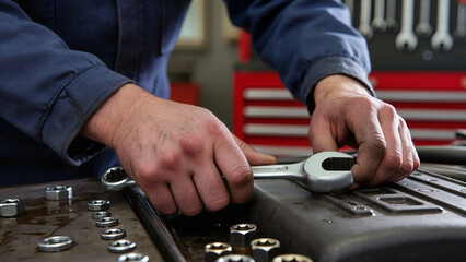 Fototapeta premium close up of a mechanic working on car