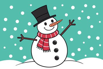 adorable snowman with striped red scarf black top hat and snowy background perfect for winter holiday cards and festive artwork