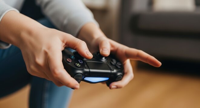 Female gamer playing video games with controller at home