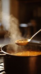 Steamy ladle of rustic lentil soup evokes nostalgic winter warmth, embracing Hygge concept, perfect for National Homemade Soup Day