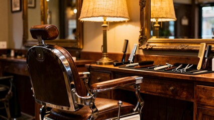 Traditional barber chair with tools in vintage barbershop setting  