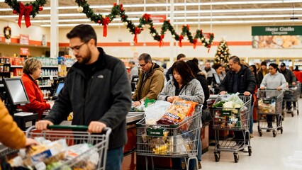 Shoppers waiting in line with carts full of groceries during holidays 