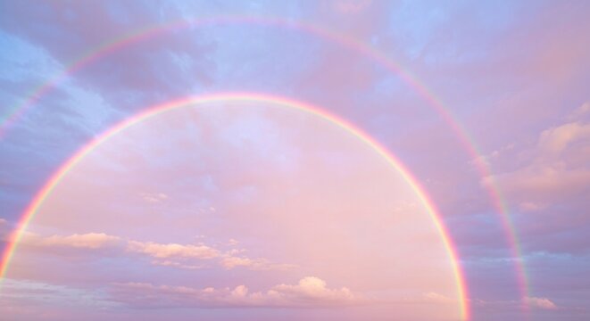 Two complete rainbows arc across a pastel-colored sky filled with clouds