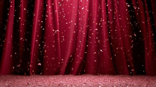 Crimson velvet curtains cascade amid confetti flurry, evoking theatrical grandeur and enigmatic celebrations like World Theatre Day and Carnevale
