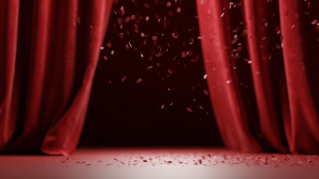 Red velvet curtains parting amidst shimmering petals, evoking Lunar New Year magic and intimate theater memories, ethereal storytelling