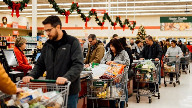 Shoppers waiting in line with carts full of groceries during holidays   - Powered by Adobe