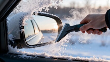Hand scraping ice off car mirror during winter at sunrise  