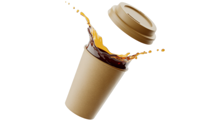 Coffee Spill A Paper Cup with Coffee Splashing Outward with Lid Floating Above Beverage Accident Caffeine Rush