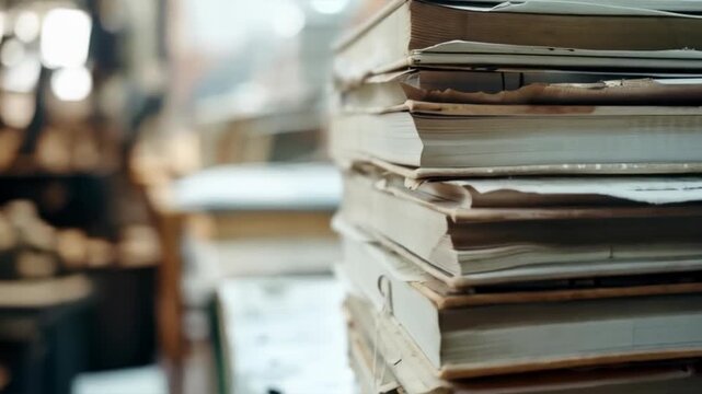 An old stack of books with worn spines on a wooden table in a workshop. Use for illustrations about vintage items, book restoration, antiques, and nostalgia for the past.
