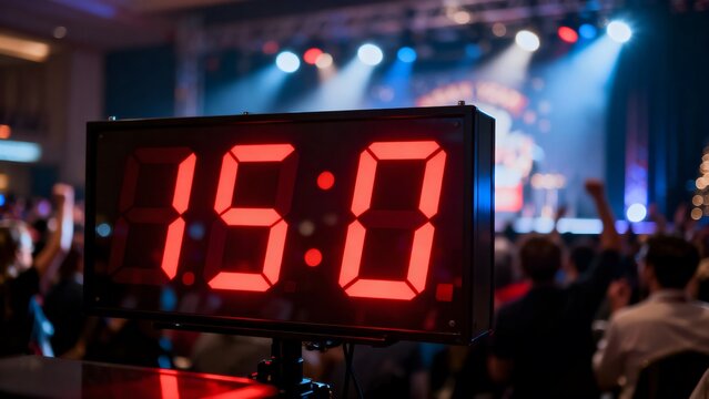 Digital scoreboard displaying score 15:0 at event with audience  