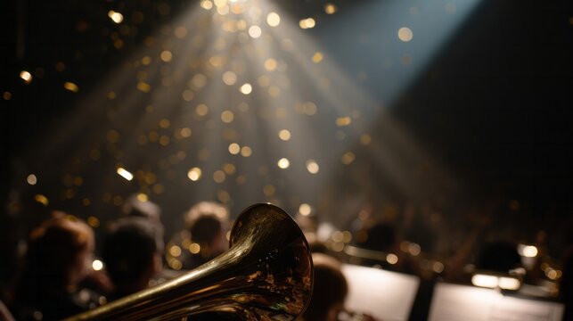 Golden trumpet glimmers under ethereal, confetti-laden spotlight, evoking Jazz Appreciation Month, divine soundscapes, harmonic adventure illumination