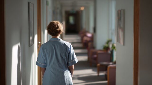 An enigmatic Afro-Caribbean nurse wanders sunlit corridor, evoking National Nurses Week, hidden whispers, healing intimacies