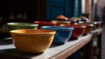 Colorful ceramic bowls bask in dappled sunlight, whispering tales of Moroccan souks and the Feast of Pottery