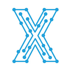 Abstract blue digital circuit board letter x shape with connected nodes and lines vector