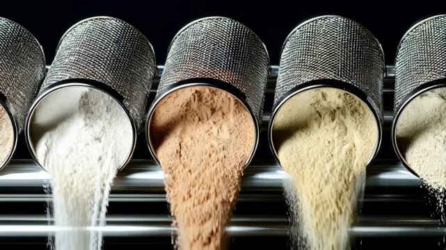 Closeup medium shot showing the selection of different mesh sizes on a flour sifting device to control particle refinement and quality consistency.