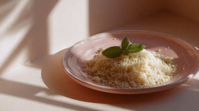 Couscous mound crowned with mint, sunlit kitchen delight, perfect for World Vegan Day or Moroccan Mouloud culinary celebration