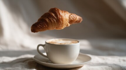 Floating croissant hovers magically above frothy cappuccino, hinting at whimsical brunch alchemy and Leaping Pastries Day
