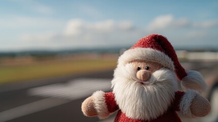 Santa plush gazes wistfully at the horizon, anticipating Christmas miracles and travel tales, evoking Yule spirit and St Nicholas Day adventures
