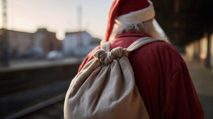 Elderly Caucasian man in Santa attire, nostalgic railway journey, Krampusnacht whispers, folklore mingling with Yuletide wanderlust, December enchantment
