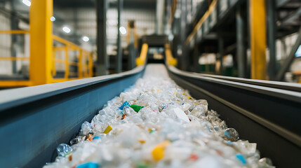 Plastic recycling: Conveyor belt carries plastic waste for sorting at a recycling plant. Automated system processes materials for sustainable reuse, reducing environmental impact.
