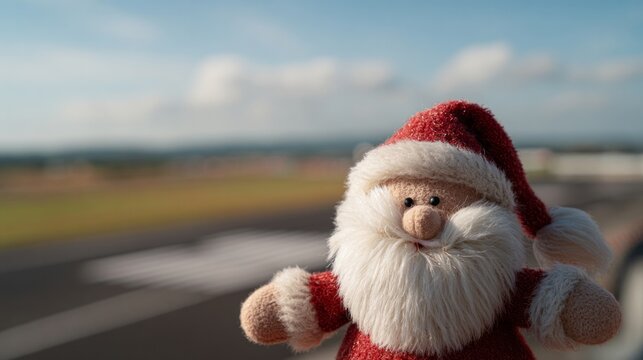Santa plush gazes wistfully at the horizon, anticipating Christmas miracles and travel tales, evoking Yule spirit and St Nicholas Day adventures