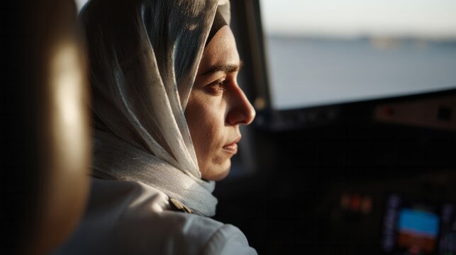 ```A focused Middle Eastern female pilot navigates vast azure skies, celebrating International Civil Aviation Day and World Hijab Day```