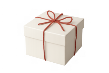 White gift box with red bow and string, presenting a surprise, present, or special occasion celebration