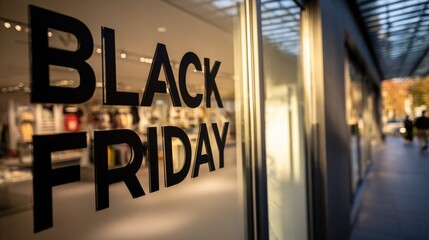 "BLACK FRIDAY" text on store window with a blurred background of busy, brightly lit shopping mall and walking consumers, highlighting retail sales event