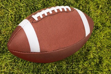 A brown leather ball American football on green field