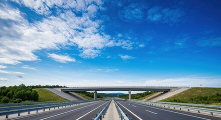 Naklejka premium Wide highway beneath a bright blue sky, with bridge and landscape
