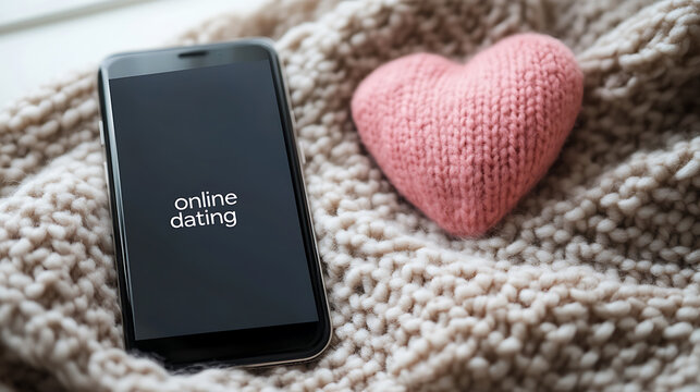 Cozy romance is in the air! Phone displaying "online dating" app nestled alongside a knitted heart on a soft blanket. Find love with a tap and a warm heart. #dating