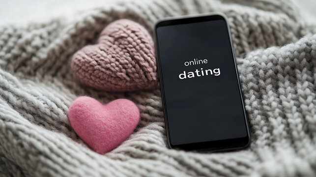 Cozy online dating scene with a smartphone displaying 'online dating' on its screen, nestled among two heart-shaped objects on a soft, knitted blanket. Connection and romance.