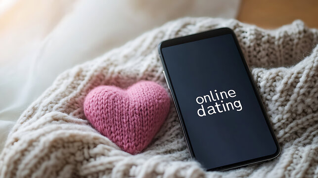 Cozy online dating scene: a phone displaying "online dating" nestled on a knitted blanket alongside a pink knitted heart. A warm and inviting take on finding love online.