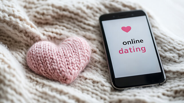Cozy up to Love: A knitted heart beside a smartphone displaying "online dating." Warmth and technology unite in the quest for connection and companionship. - Powered by Adobe