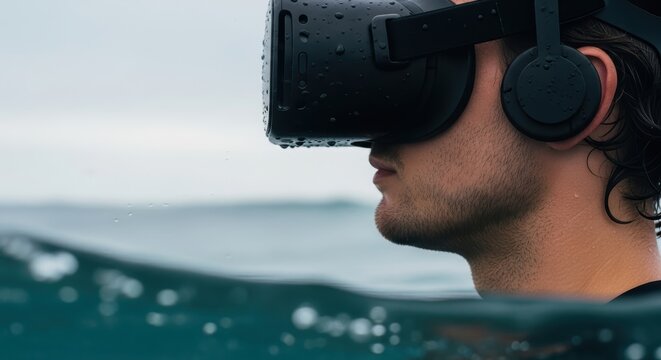 Young caucasian male immersed in virtual reality while swimming in the ocean