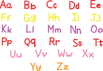 Colorful hand drawn alphabet letters a to z for children education and learning.