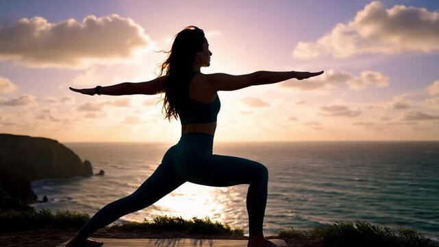Woman silhouette practicing yoga pose on cliff edge at sunset with ocean view