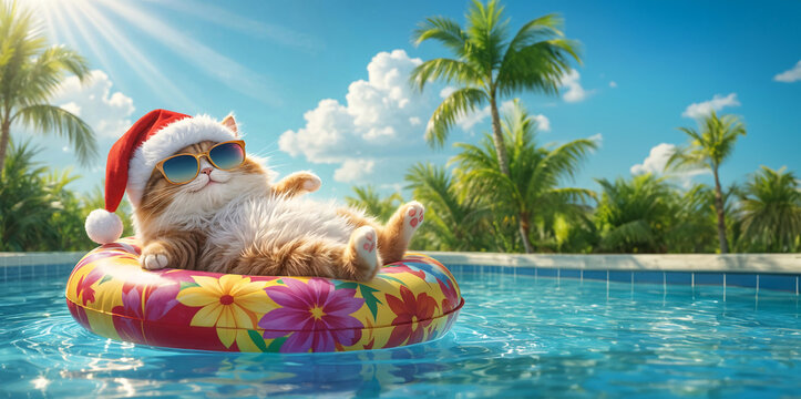Chat avec des lunettes de soleil et un chapeau de p&egrave;re-no&euml;l dans la piscine, d&eacute;tente et humour de vacances - banner, banni&egrave;re avec espace vide pour du texte