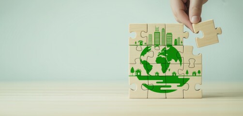 Building a Green Future: A hand placing the final puzzle piece of a nature-themed jigsaw puzzle, symbolizing the collective effort towards environmental sustainability and a harmonious planet. 