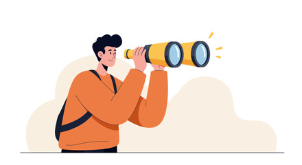Illustration of a man looking through binoculars, wearing an orange sweater and a backpack. © Nomads Studio
