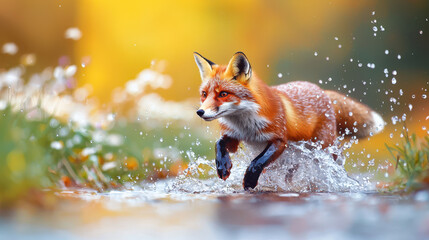 Fox running through water, splashing droplets, with vibrant autumn background. scene captures beauty and agility of animal in nature