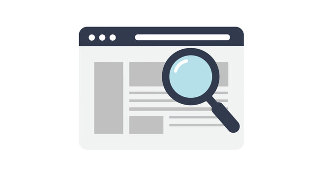 Magnifying glass over a website page, search engine concept illustration.