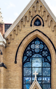 Brick Church with Stained Glass Window