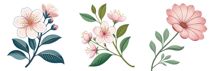 Set of A beautiful color flower art isolated on a transparent background