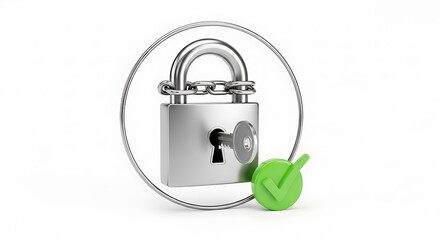 A silver padlock with a key inserted, accompanied by a green checkmark, all isolated on white background, symbolizing security, access, and confirmation