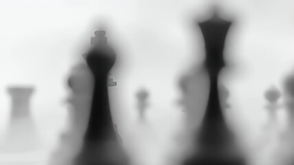 A grayscale image features chess pieces, with one in sharp focus and others blurred in the background