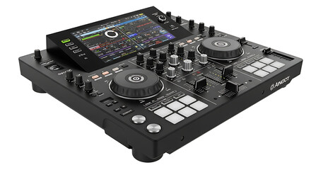 A black dj controller with a screen and multiple knobs and buttons on a white background isolated ai generated