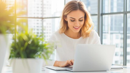 Focused Brilliance: A woman works on a laptop in modern office space by window, radiating productivity and focus, with potted plant. Capturing the essence of a serene work environment.